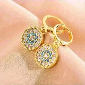 Gold Round Drop Earrings with Turquoise and Clear Stones